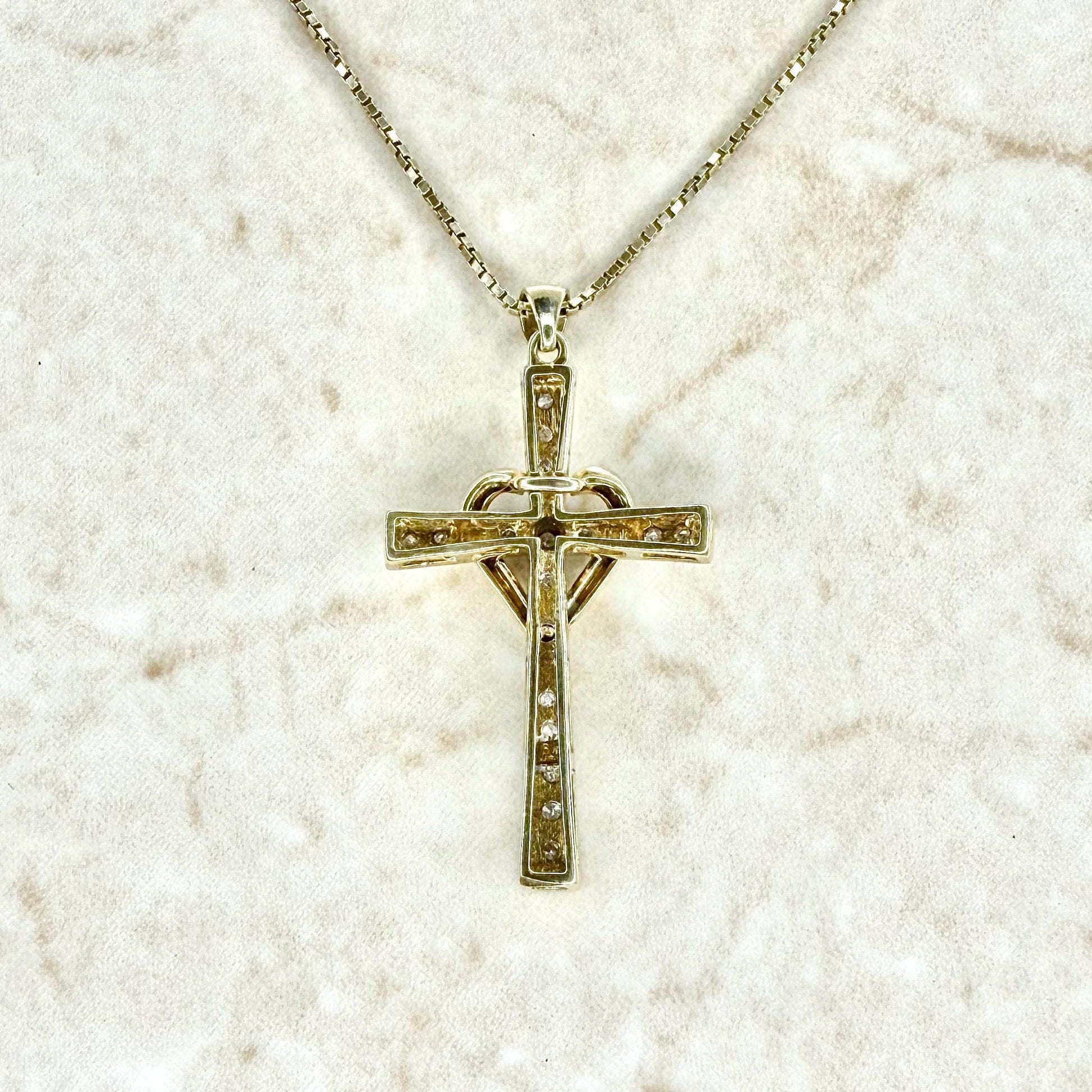 Vintage Solid 10K Yellow Gold Diamond Heart Cross Pendant Necklace - WeilJewelry