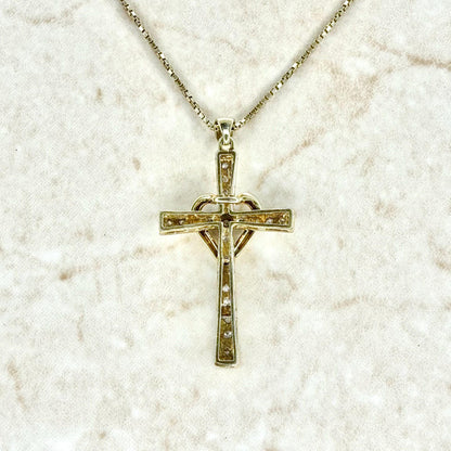 Vintage Solid 10K Yellow Gold Diamond Heart Cross Pendant Necklace - WeilJewelry