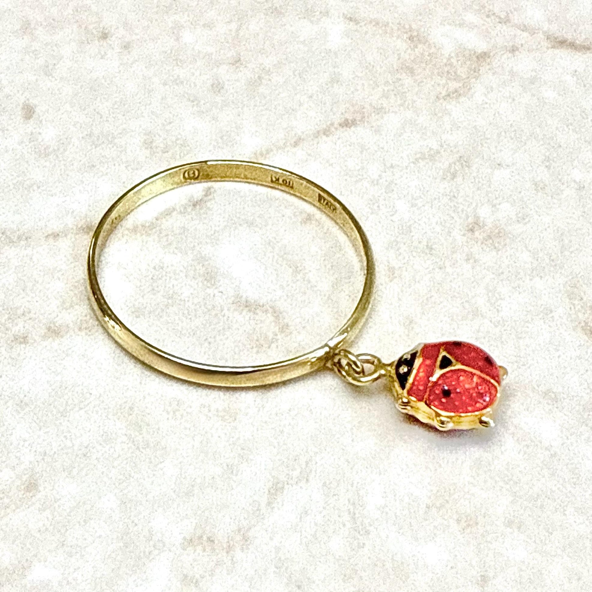 Vintage Italian 10K Yellow Gold Enamel Ladybug Charm Ring - WeilJewelry