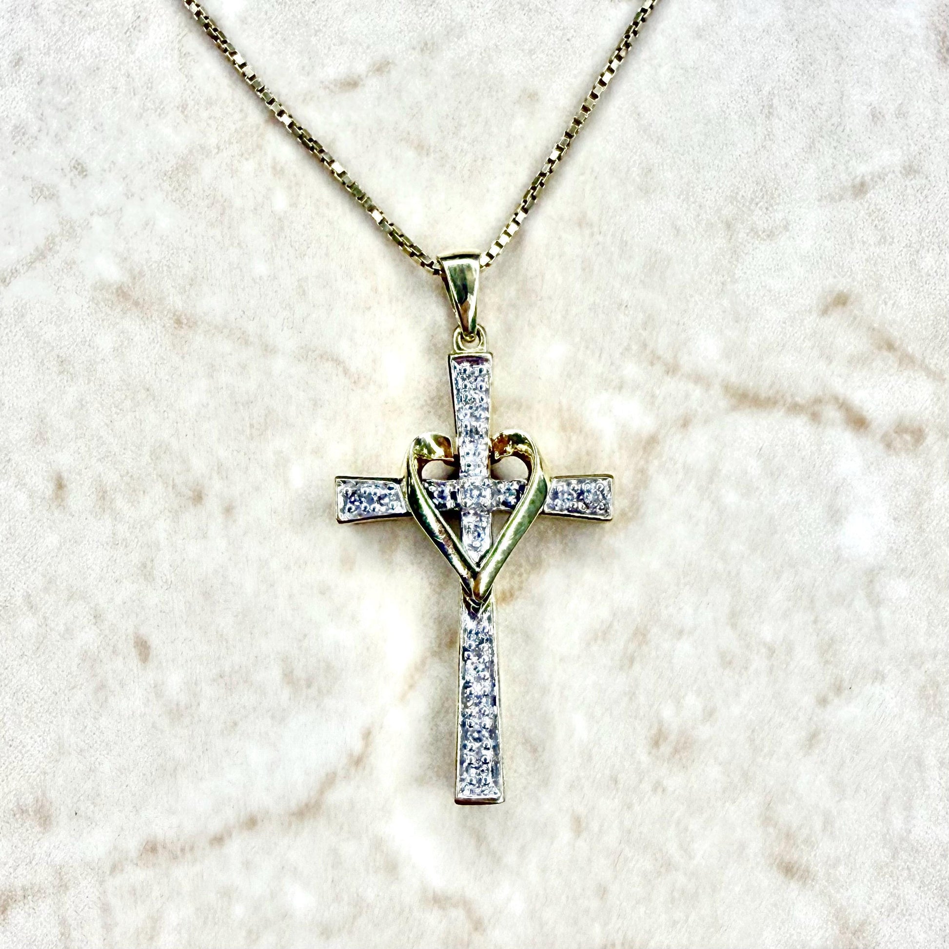 Vintage Solid 10K Yellow Gold Diamond Heart Cross Pendant Necklace - WeilJewelry