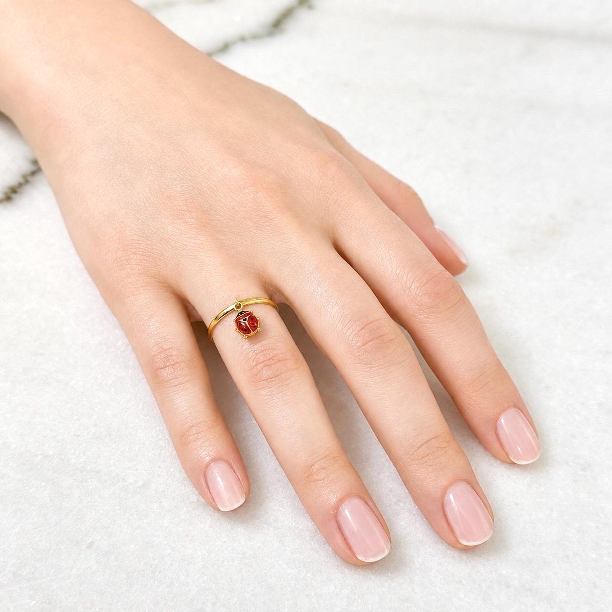 Vintage Italian 10K Yellow Gold Enamel Ladybug Charm Ring - WeilJewelry