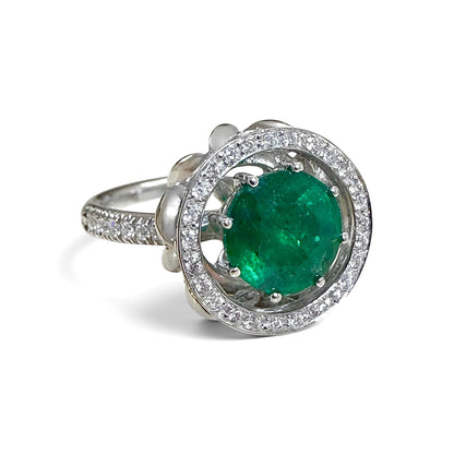 ZYDO Italy "Giardino Divino" 18K White Gold 1.82 CT Natural Emerald & Diamond Halo Ring - WeilJewelry