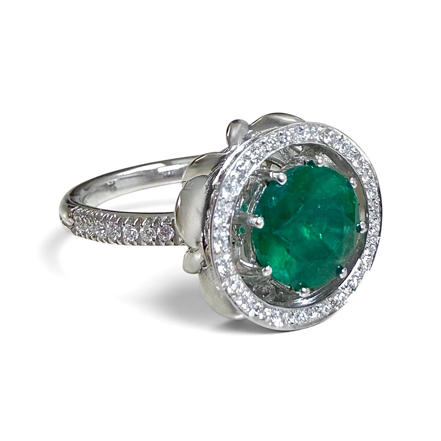 ZYDO Italy "Giardino Divino" 18K White Gold 1.82 CT Natural Emerald & Diamond Halo Ring - WeilJewelry