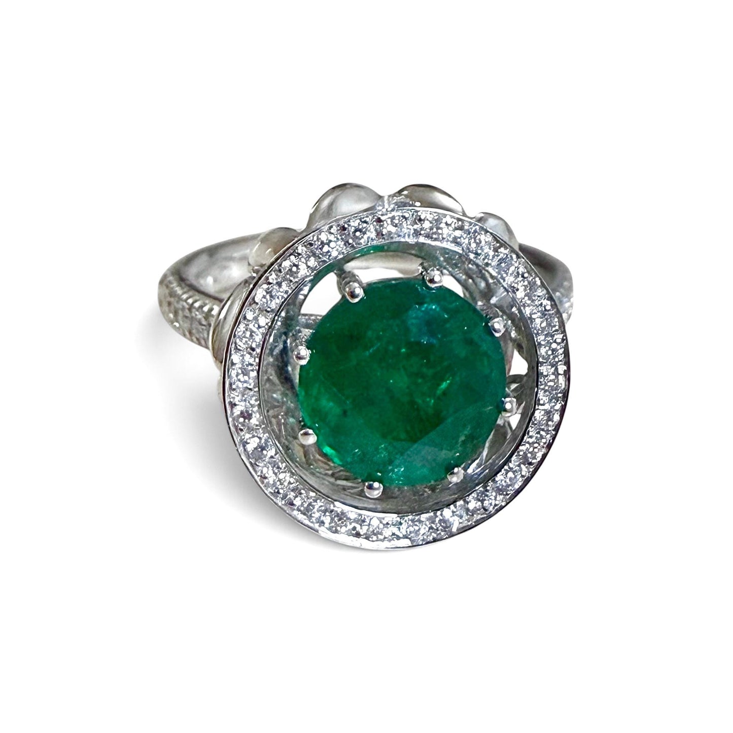 ZYDO Italy "Giardino Divino" 18K White Gold 1.82 CT Natural Emerald & Diamond Halo Ring - WeilJewelry