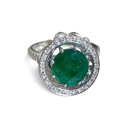 ZYDO Italy "Giardino Divino" 18K White Gold 1.82 CT Natural Emerald & Diamond Halo Ring - WeilJewelry