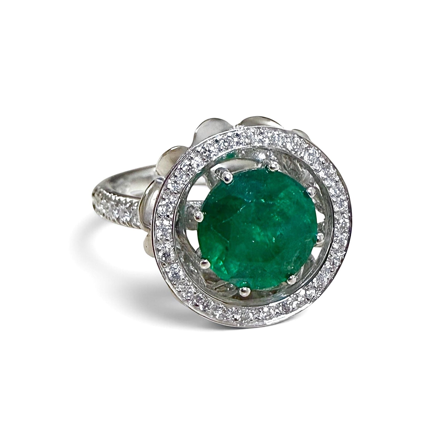 ZYDO Italy "Giardino Divino" 18K White Gold 1.82 CT Natural Emerald & Diamond Halo Ring - WeilJewelry