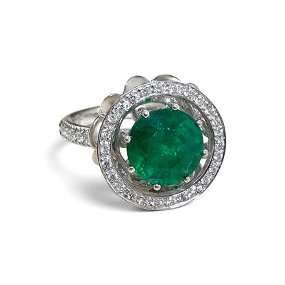 ZYDO Italy "Giardino Divino" 18K White Gold 1.82 CT Natural Emerald & Diamond Halo Ring - WeilJewelry