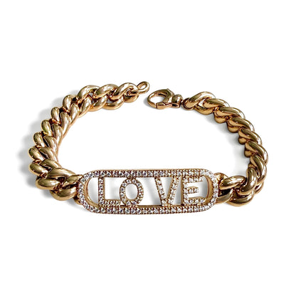 Front view of the unfastened ZYDO Amore in Rosa bracelet with diamond-set LOVE letters and a polished rose gold curb chain.