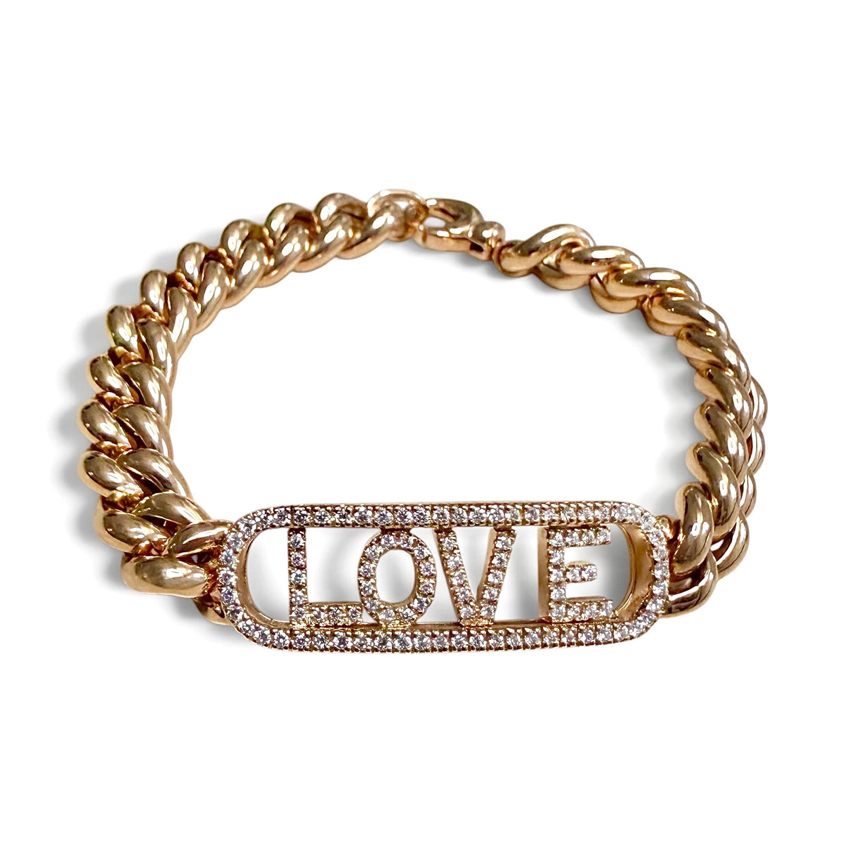 ZYDO Amore in Rosa 18K rose gold bracelet with diamond-set sliding LOVE letters, a diamond border and polished curb links.