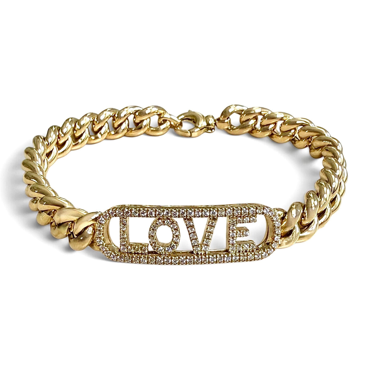 Front view of the ZYDO Amore Dorato yellow gold bracelet with sliding diamond LOVE letters spaced across the diamond-bordered open frame.