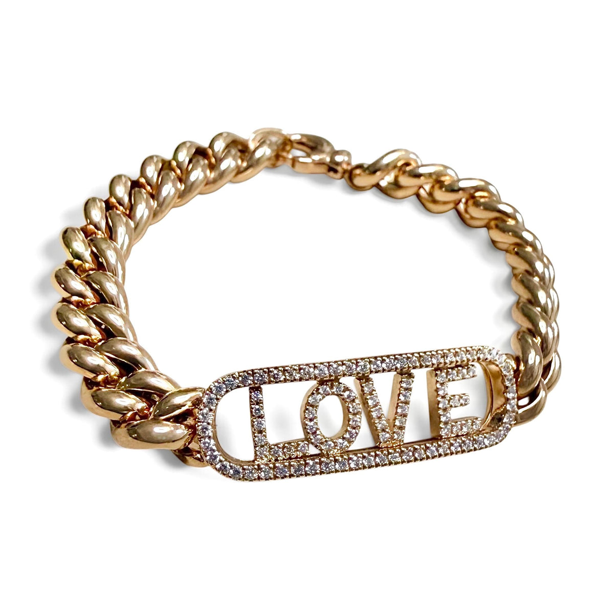 Angled view of the ZYDO Amore in Rosa bracelet showing diamond LOVE letters inside a rounded rectangular frame and rose gold curb chain.