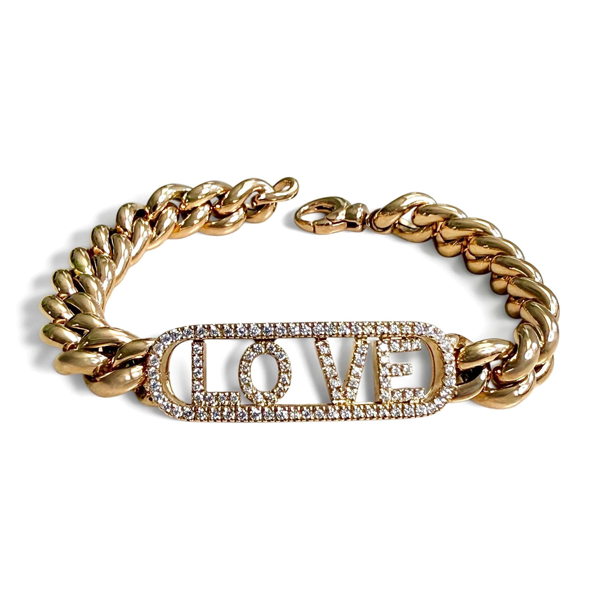 ZYDO Amore in Rosa diamond LOVE bracelet in 18K rose gold, shown unfastened with its lobster clasp and connecting ring visible.
