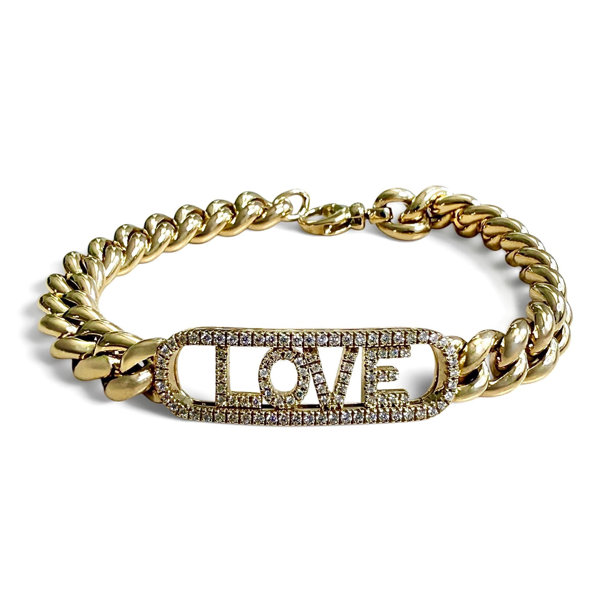 ZYDO Amore Dorato bracelet in 18K yellow gold, featuring diamond-set sliding LOVE letters, a diamond frame and polished curb links.