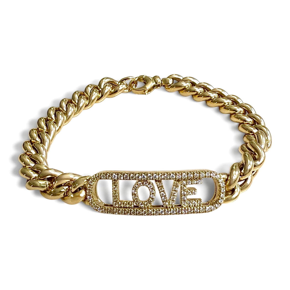 Angled view of the ZYDO Amore Dorato bracelet arranged in an oval, showing rounded yellow gold curb links and the diamond LOVE centerpiece.
