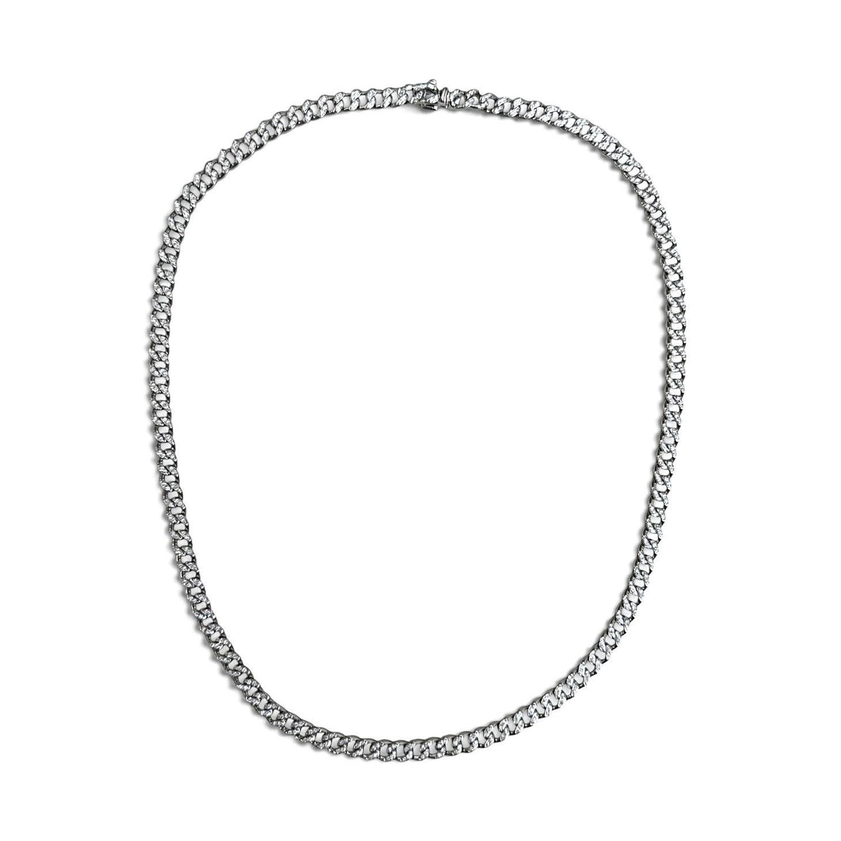ZYDO Luminosa necklace in 18K white gold with 1.36 CTTW of diamonds, featuring polished and pave-set diamond curb links arranged in an oval on a white background.
