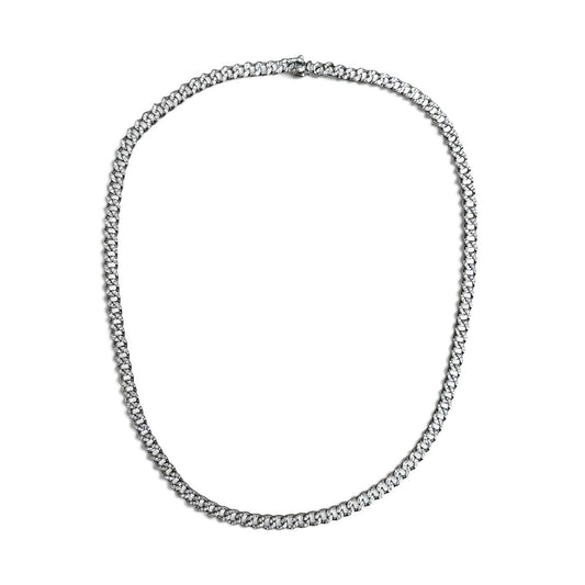 ZYDO Luminosa necklace in 18K white gold with 1.36 CTTW of diamonds, featuring polished and pave-set diamond curb links arranged in an oval on a white background.