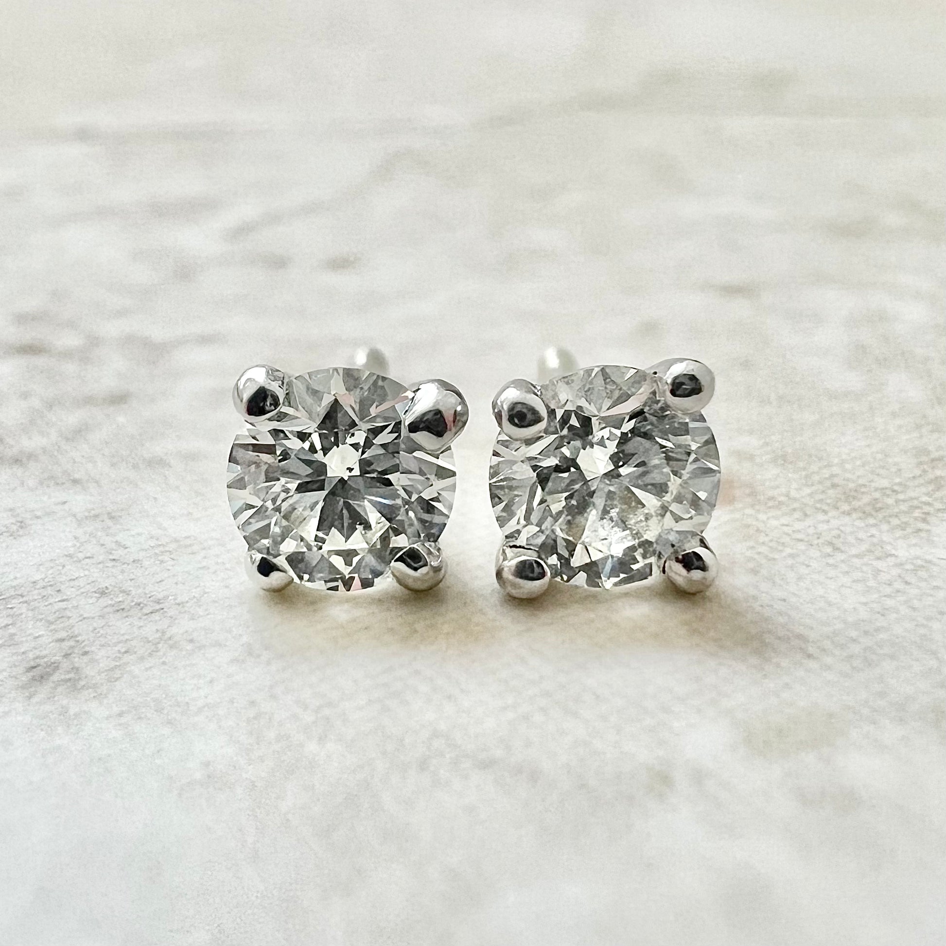 GIA 14 Karat White Gold Four - Prong Martini Setting 0.80 Carat Natural Round Diamond Stud Earrings With Screw Backs - WeilJewelry