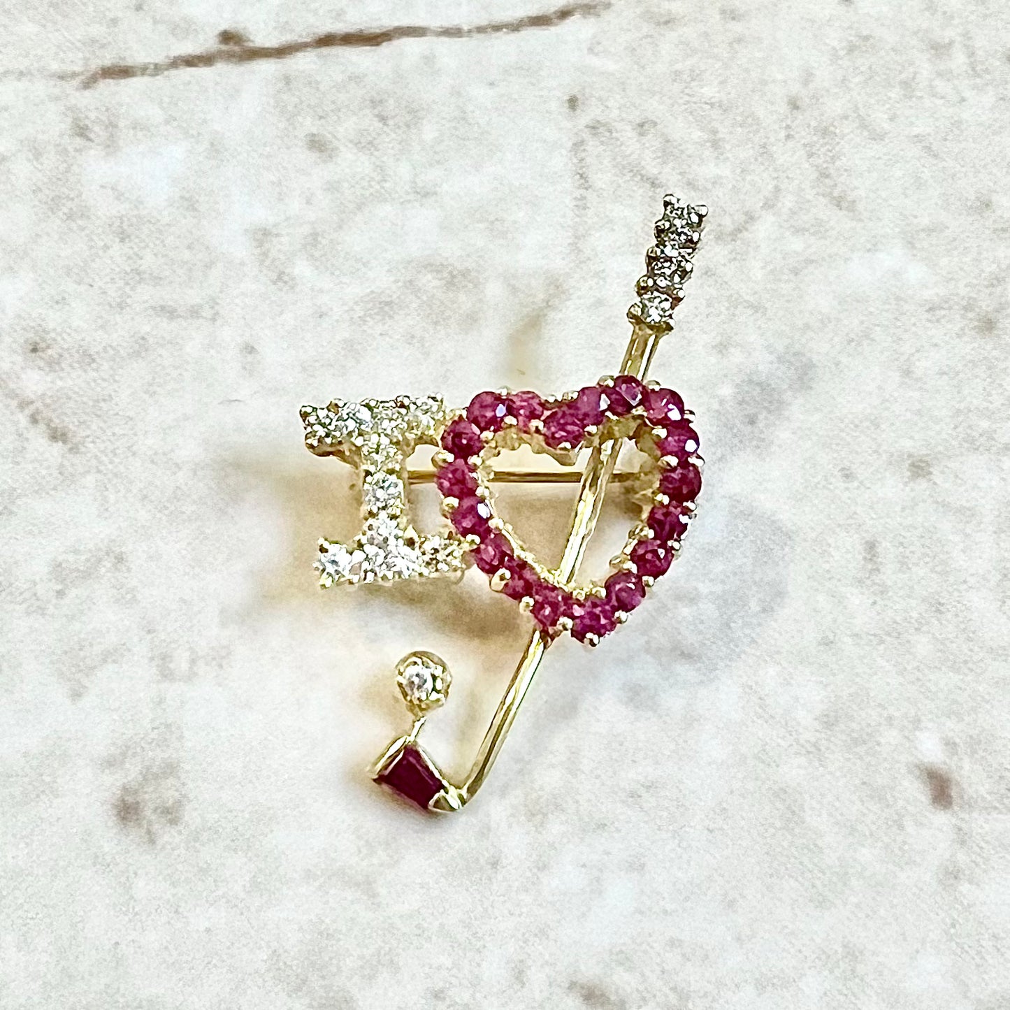 CLEARANCE 40% OFF - Fine Vintage 18 Karat Yellow Gold Ruby & Diamond “I Love Golf “ Brooch - WeilJewelry