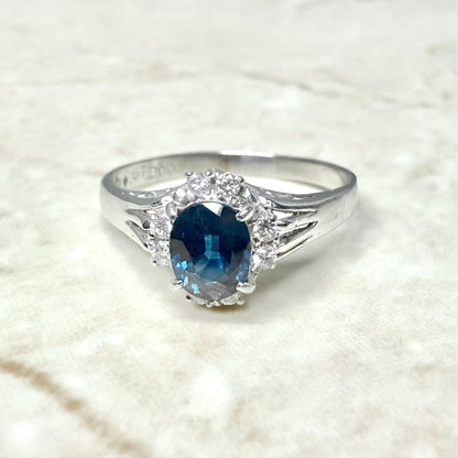 Japanese Platinum Natural Oval Sapphire & Diamond Halo Ring - WeilJewelry