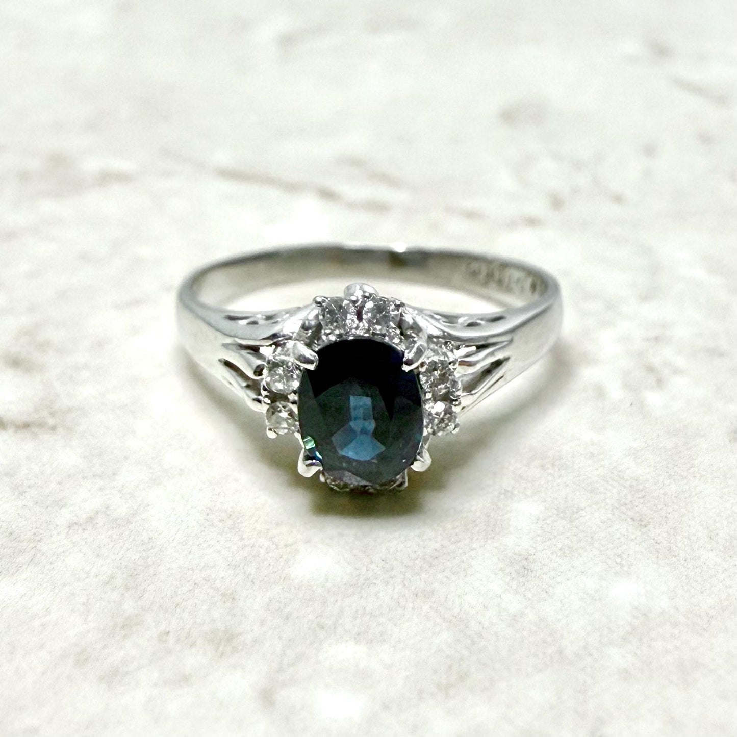 Japanese Platinum Natural Oval Sapphire & Diamond Halo Ring - WeilJewelry