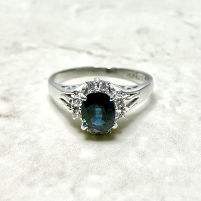 Japanese Platinum Natural Oval Sapphire & Diamond Halo Ring - WeilJewelry