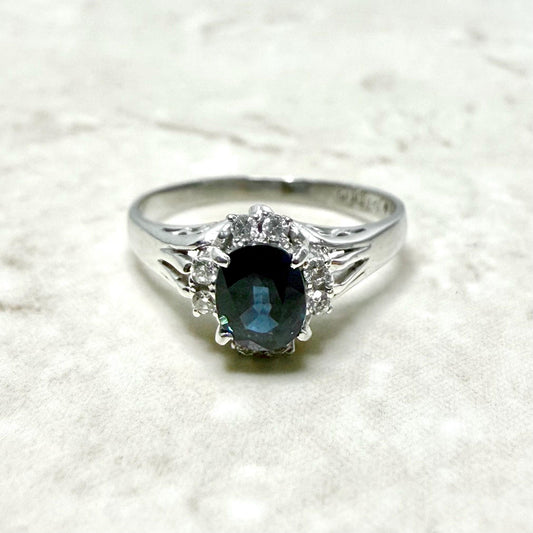 Japanese Platinum Natural Oval Sapphire & Diamond Halo Ring - WeilJewelry