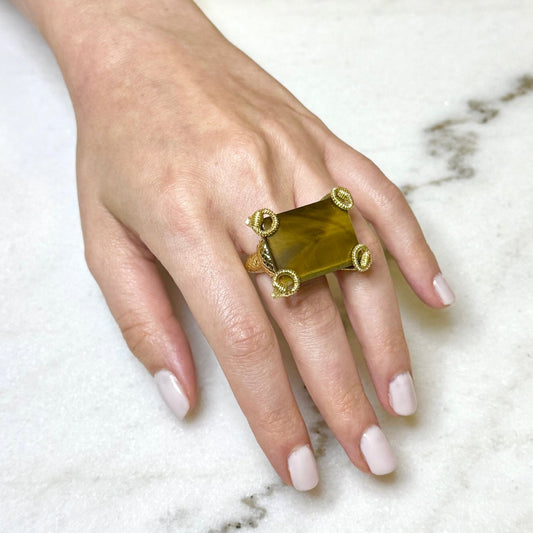 Large Vintage Gucci Italy 18K Yellow Gold Tiger’s Eye Horsebit Cocktail Ring - WeilJewelry