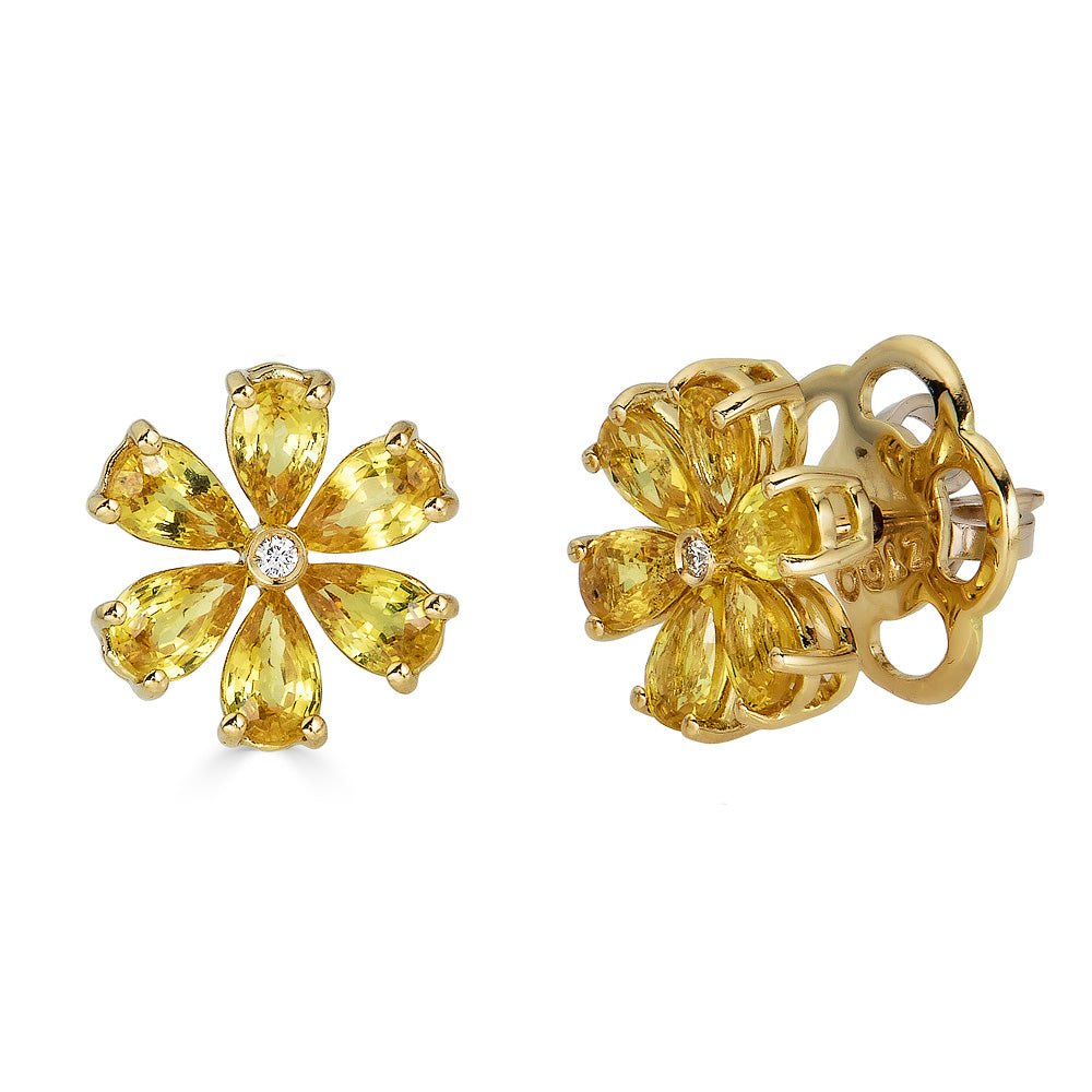 One-Of-A-Kind ZYDO Italy “Fiori d’Oro” 18K Yellow Gold Yellow Sapphire & Diamond Flower Earrings - WeilJewelry