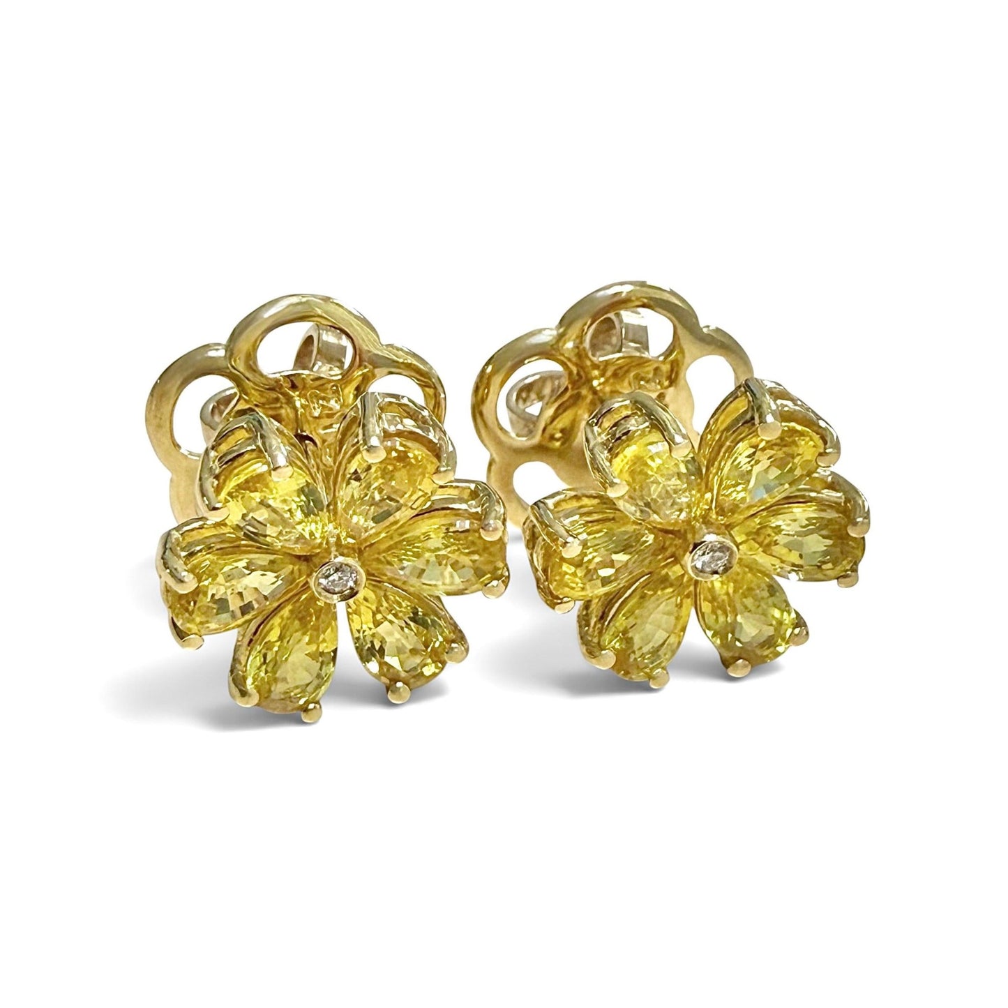 One-Of-A-Kind ZYDO Italy “Fiori d’Oro” 18K Yellow Gold Yellow Sapphire & Diamond Flower Earrings - WeilJewelry