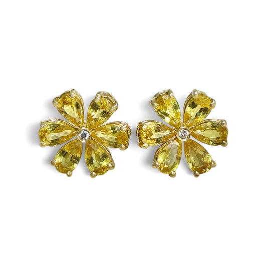 One-Of-A-Kind ZYDO Italy “Fiori d’Oro” 18K Yellow Gold Yellow Sapphire & Diamond Flower Earrings - WeilJewelry