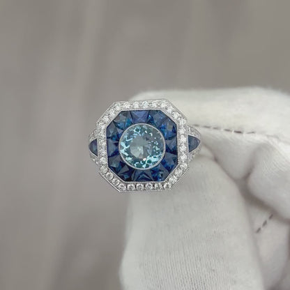 Very Fine Art Deco Style Handcrafted Platinum Aquamarine, Sapphire & Diamond Halo Ring