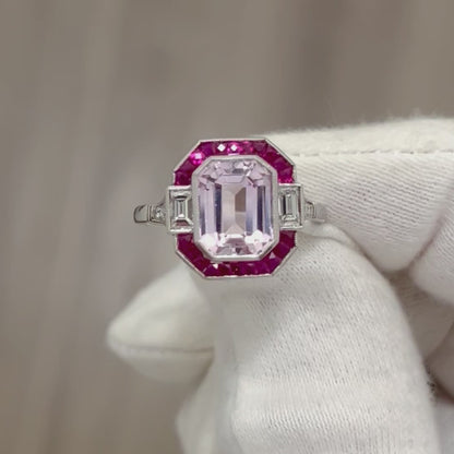 Art Deco Style Handcrafted Platinum 4 Carats Kunzite, Ruby & Diamond Halo Ring