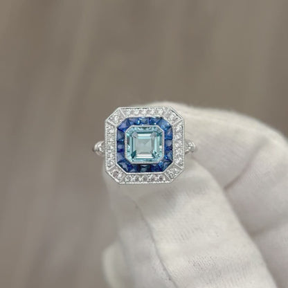 Art Deco Style Handcrafted Platinum 1.05 Carat Aquamarine, Sapphire & Diamond Halo Ring