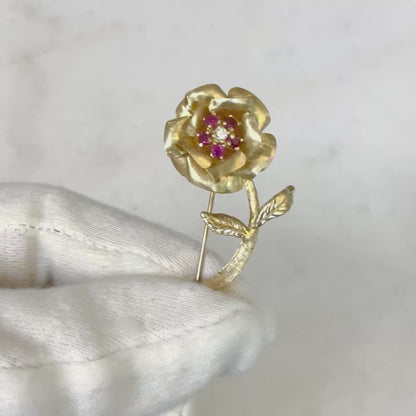 Vintage 1960’s 14 Karat Yellow Gold Ruby & Diamond Flower Brooch Pin