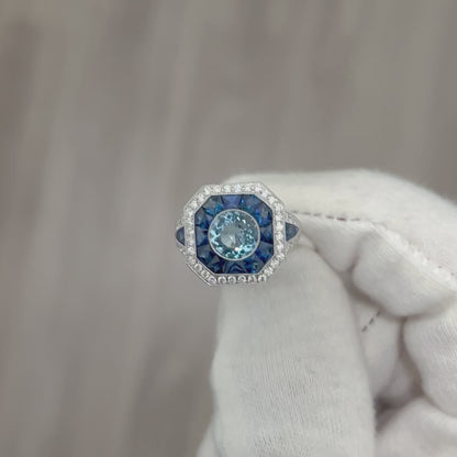 Very Fine Art Deco Style Handcrafted Platinum Aquamarine, Sapphire & Diamond Halo Ring