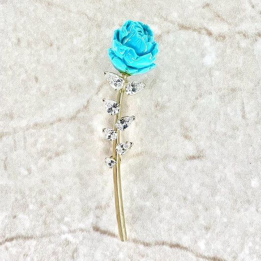 Rare Vintage 18 Karat Yellow Gold Diamond & Carved Turquoise Flower Brooch By Carvin French - WeilJewelry