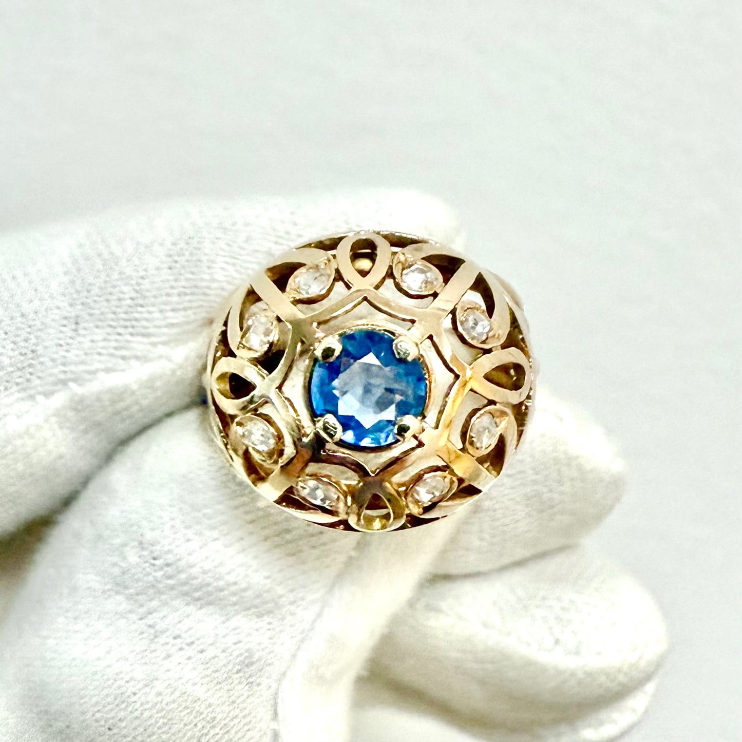 Rare Vintage 1960’s French 18K Rose Gold Untreated Sapphire & Diamond Dome Ring - WeilJewelry