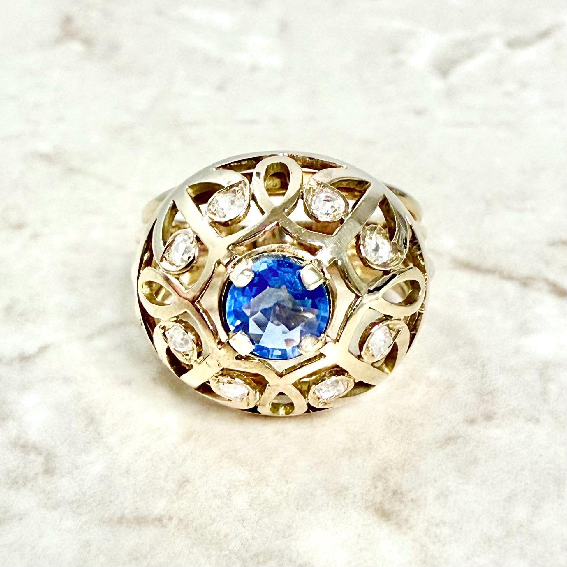 Rare Vintage 1960’s French 18K Rose Gold Untreated Sapphire & Diamond Dome Ring - WeilJewelry