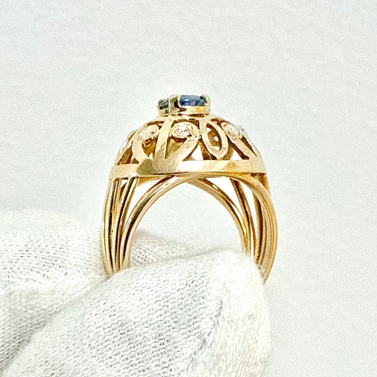 Rare Vintage 1960’s French 18K Rose Gold Untreated Sapphire & Diamond Dome Ring - WeilJewelry