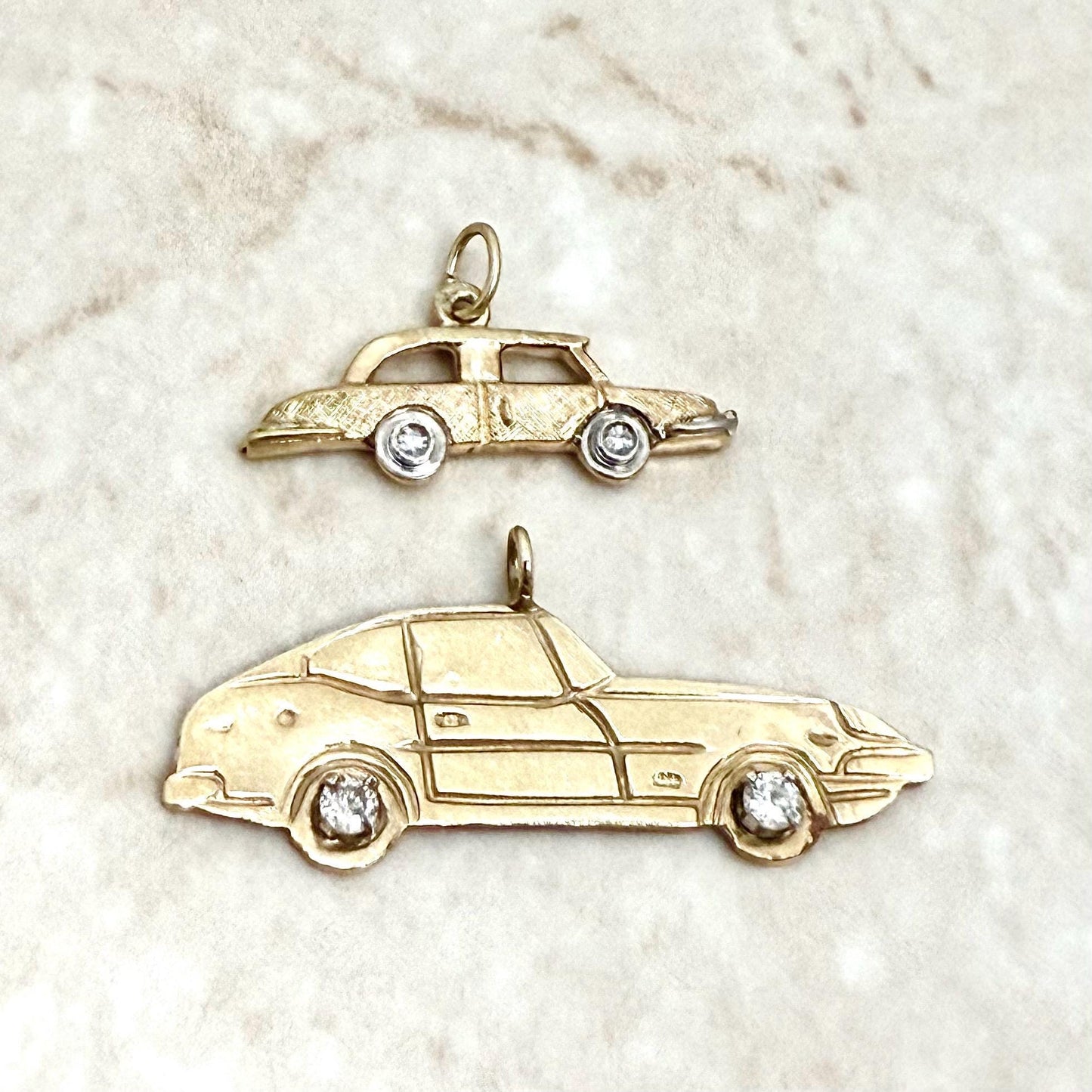 Set Of 2 Vintage 14K Solid Gold Diamond Car Charm Pendants - WeilJewelry