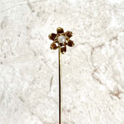 Set Of Two Antique 14 Karat Yellow Gold Seed Pearl Stick Pins / Hat Pins - WeilJewelry