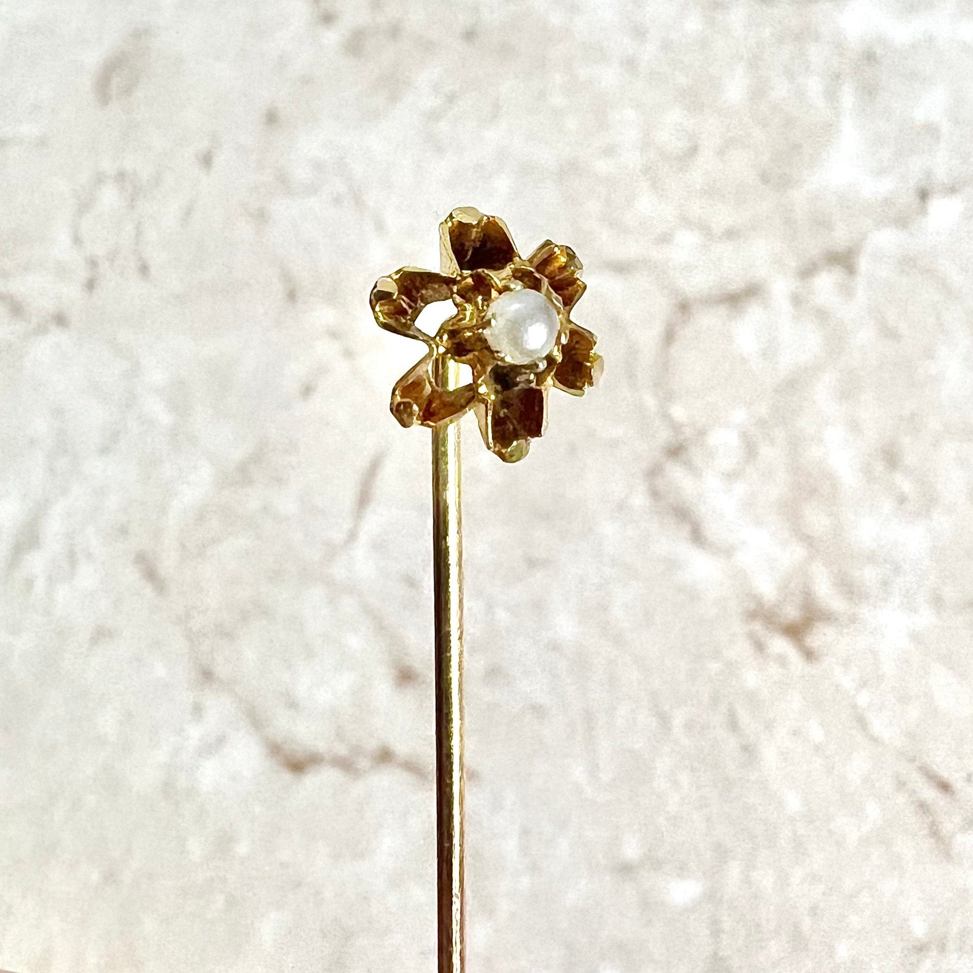 Set Of Two Antique 14 Karat Yellow Gold Seed Pearl Stick Pins / Hat Pins - WeilJewelry