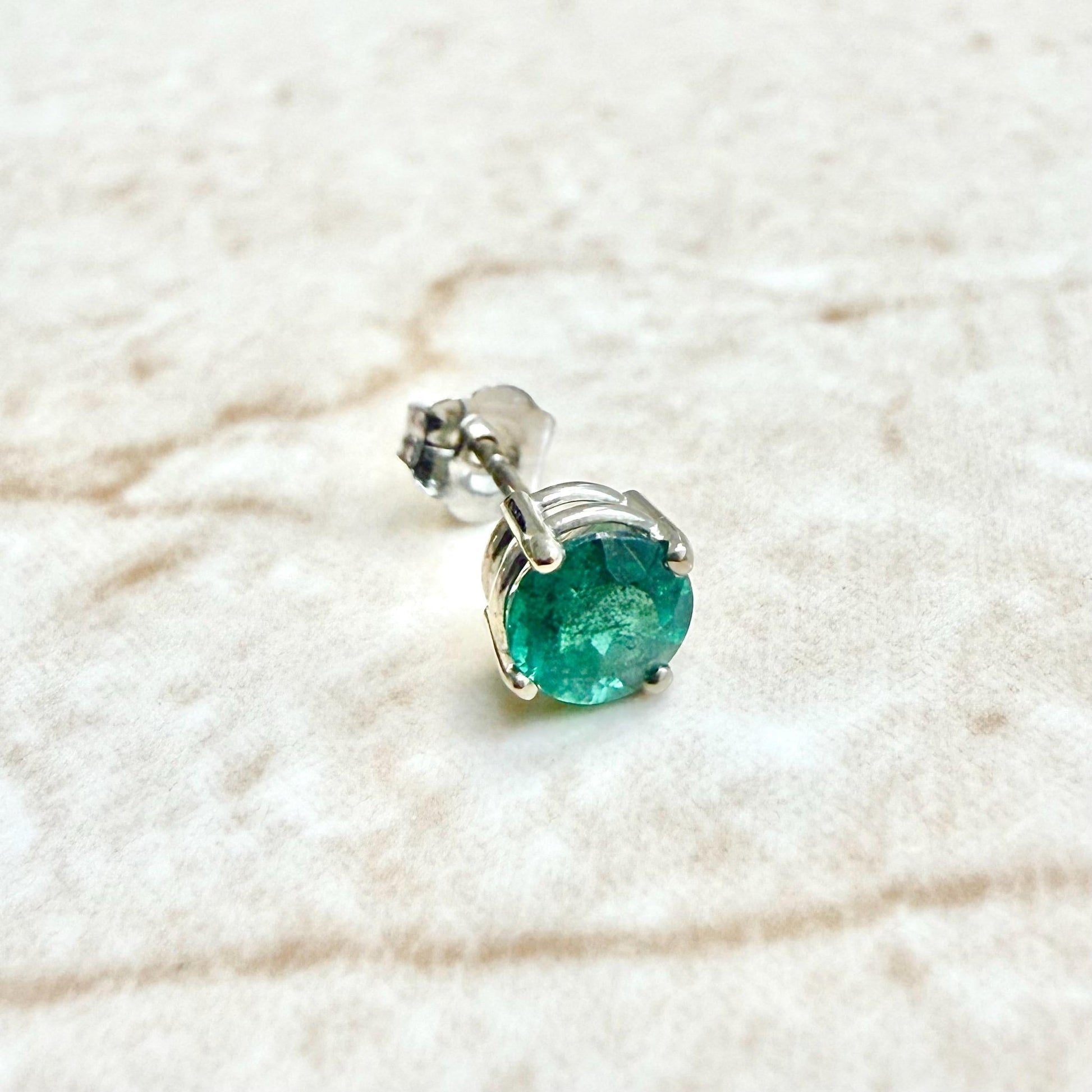 Single 14K White Gold Round Natural Emerald Stud Earring - WeilJewelry