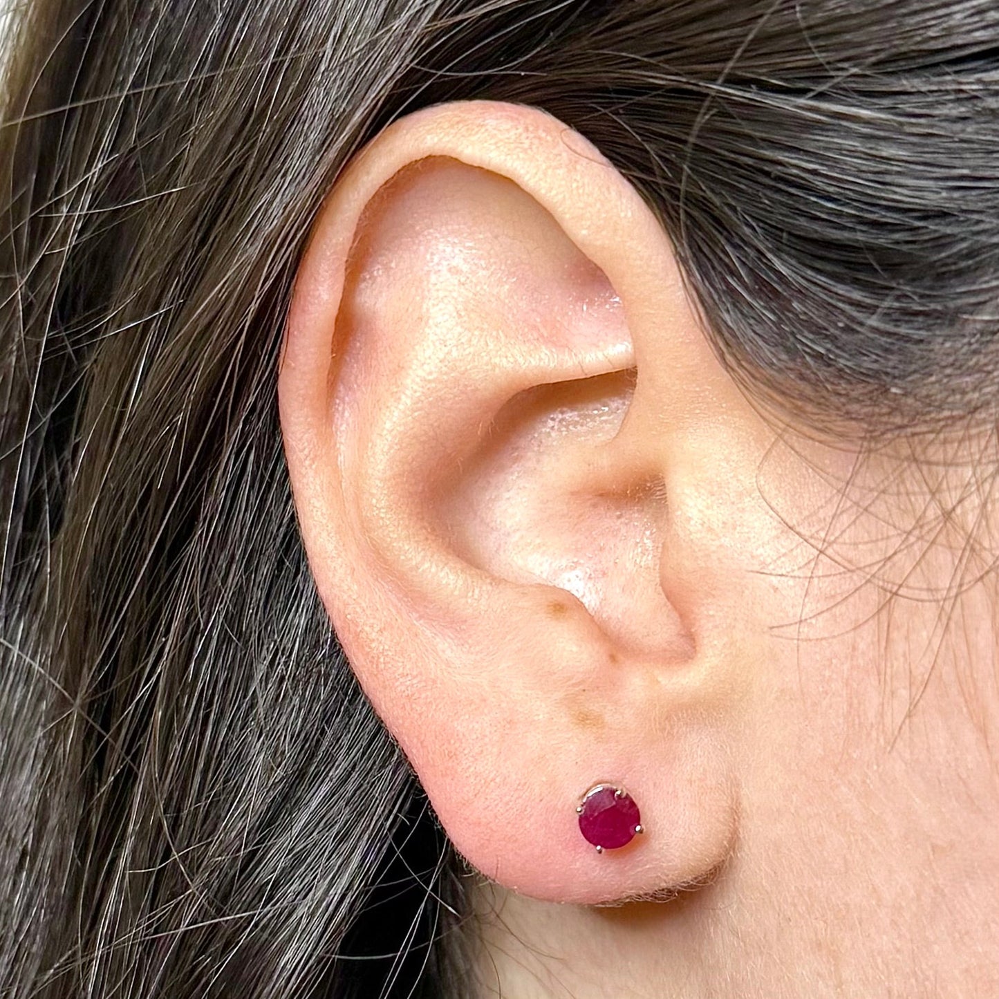 Single 14K White Gold Round Natural Ruby Stud Earring - WeilJewelry