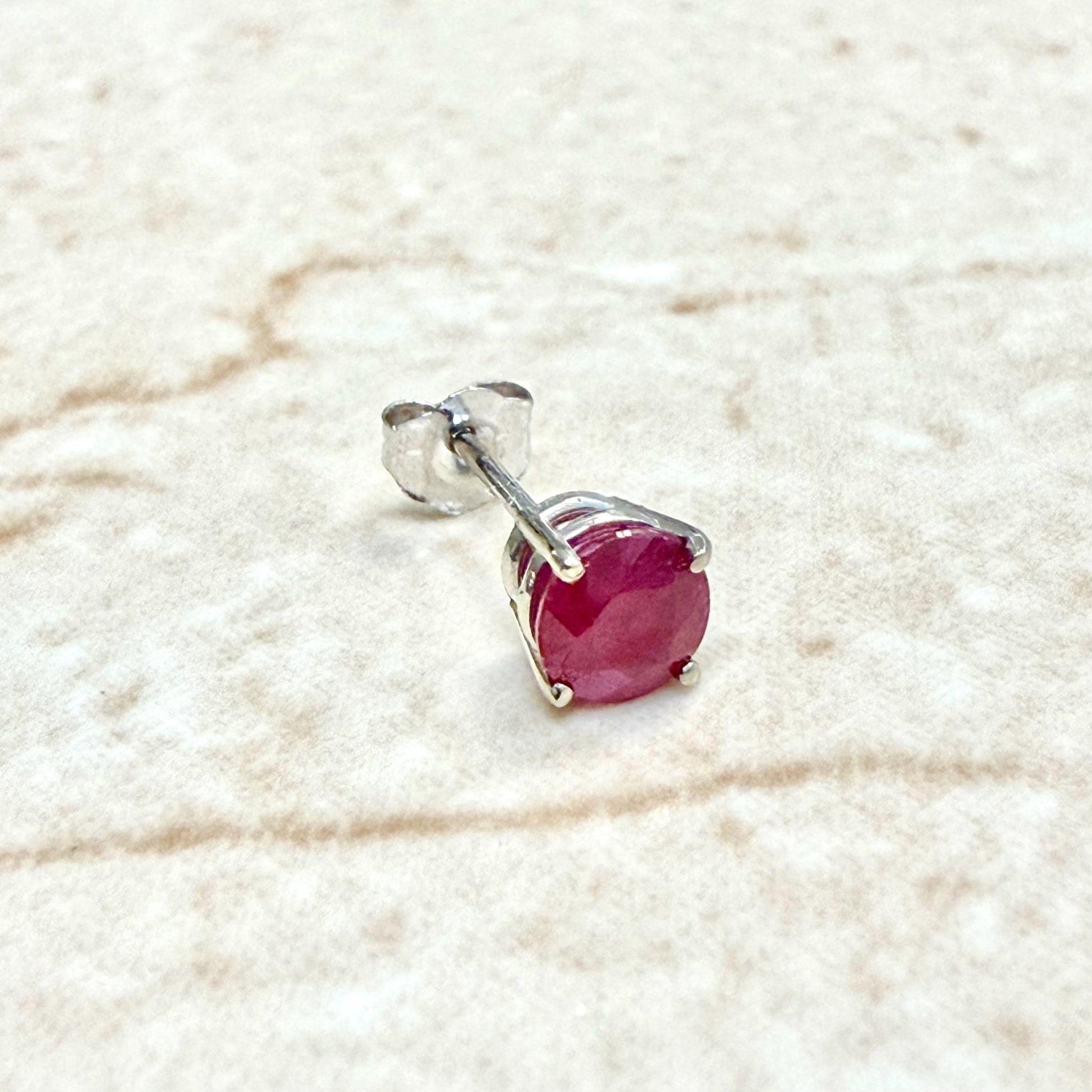 Single 14K White Gold Round Natural Ruby Stud Earring - WeilJewelry