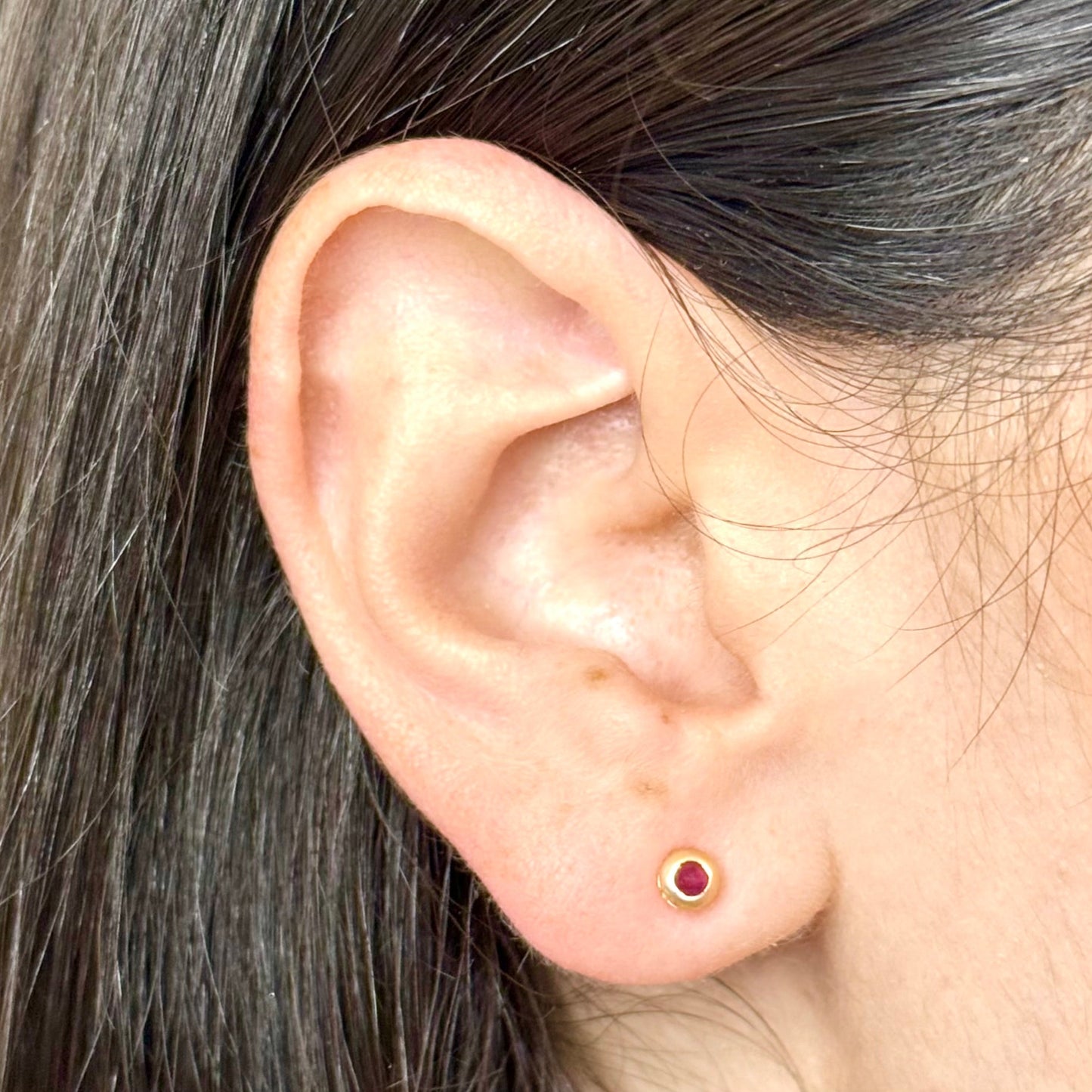 Single 18K Yellow Gold Bezel - Set Natural Ruby Stud Earring - WeilJewelry