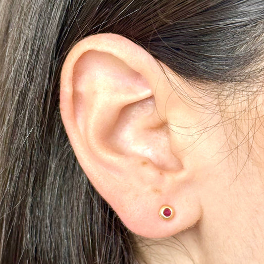 Single 18K Yellow Gold Bezel - Set Natural Ruby Stud Earring - WeilJewelry
