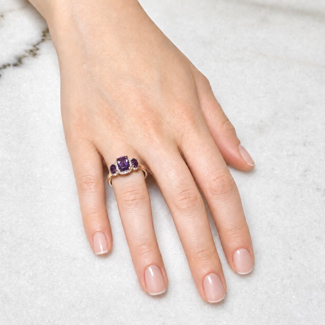 Solid 10K Rose Gold Amethyst & Diamond Halo Cocktail Ring - WeilJewelry