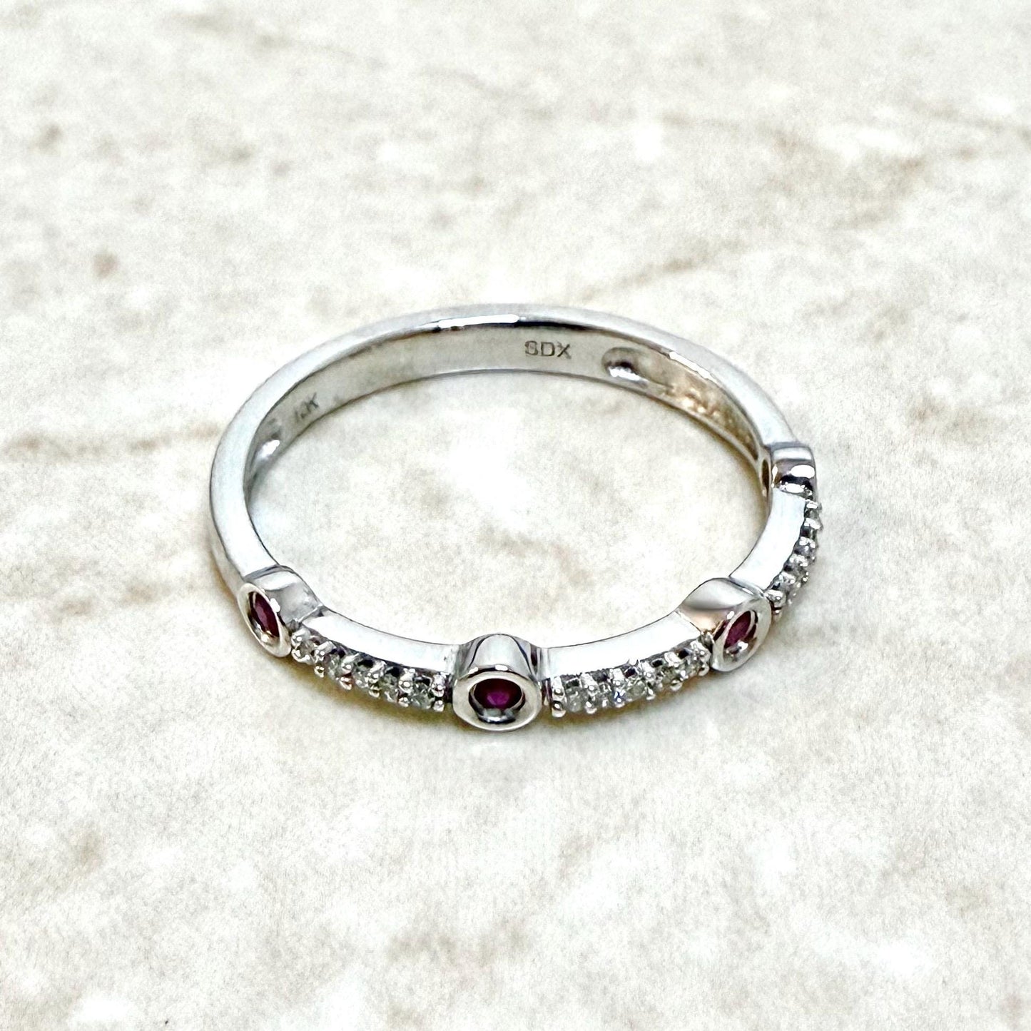 Solid 10K White Gold Natural Diamond & Ruby Band Ring - WeilJewelry