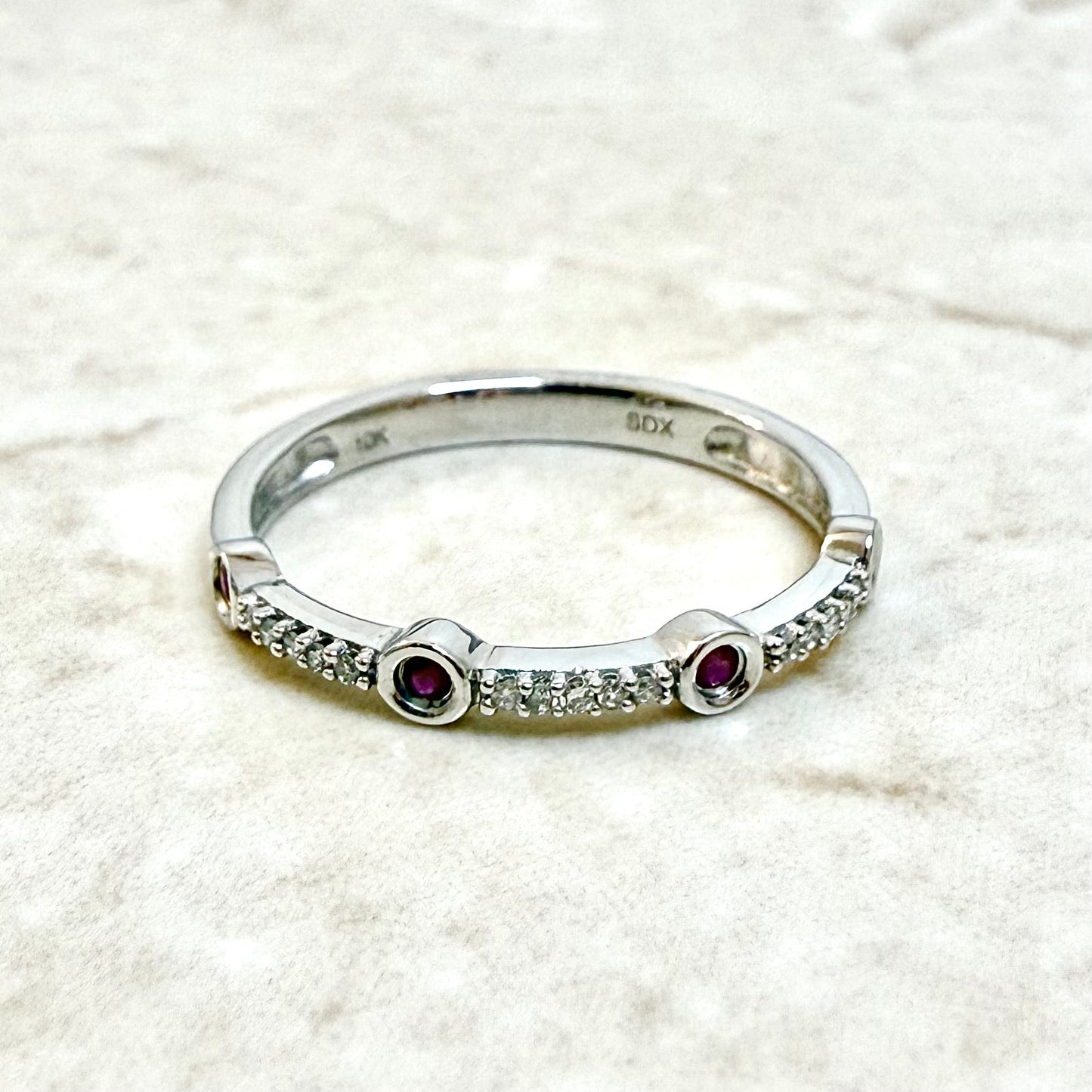 Solid 10K White Gold Natural Diamond & Ruby Band Ring - WeilJewelry